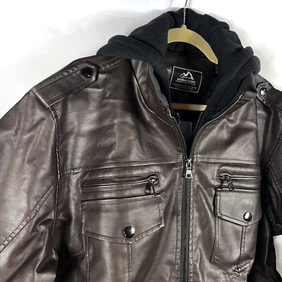 MagcoMsen Faux Leather Jacket Brown Layered Removable Hood Moto Sz XL Men's - Picture 5 of 13